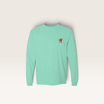 iTsChoCoBu mint green long-sleeve cotton t-shirt with a small graphic chest pocket and rib knit cuffs