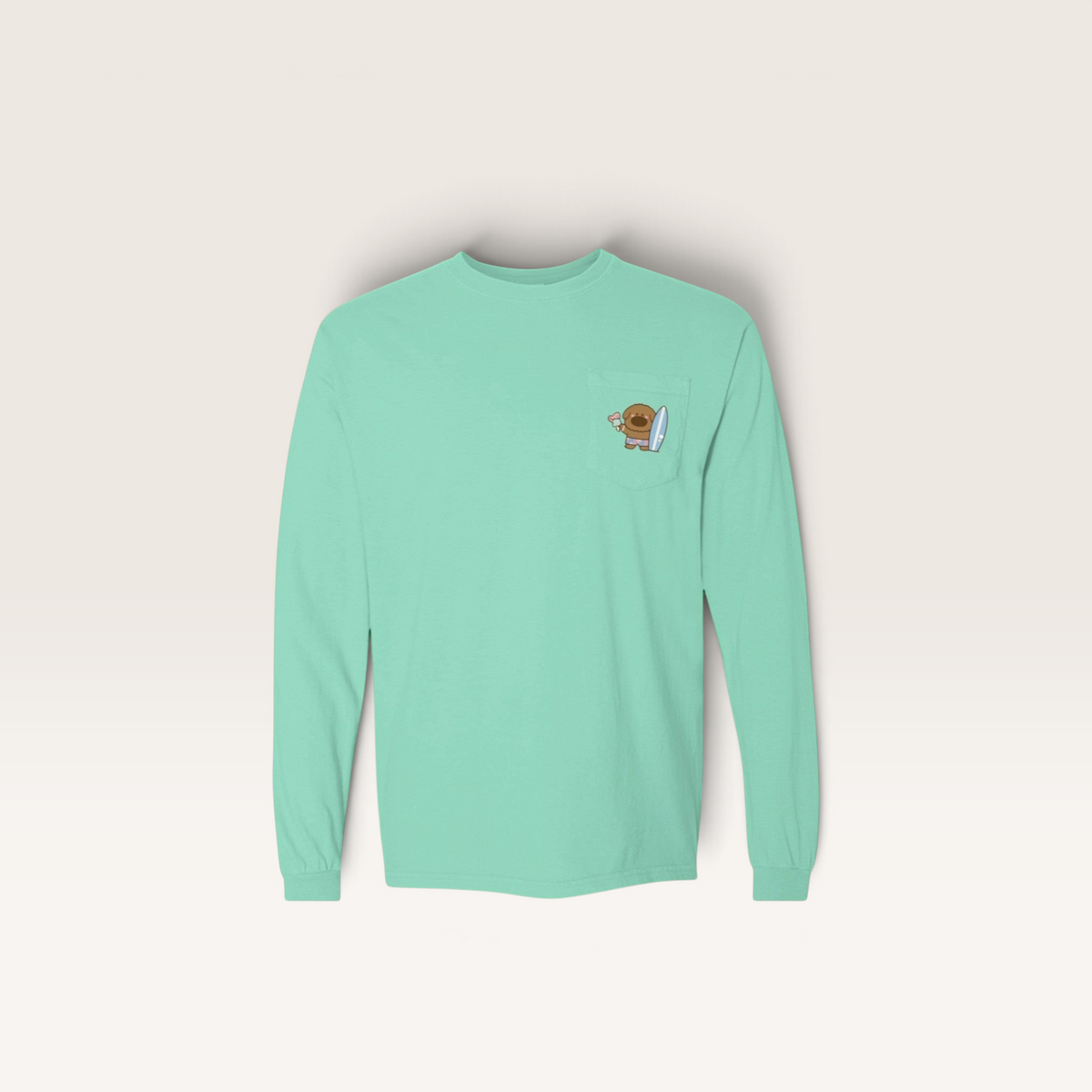 iTsChoCoBu mint green long sleeve cotton t-shirt with a small graphic chest pocket and rib knit cuffs