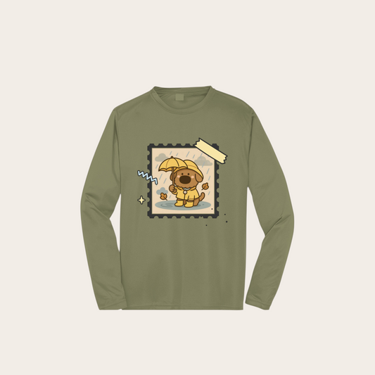 iTsChoCoBu olive green long sleeve moisture-wicking polyester shirt with a cute dog in a yellow raincoat graphic.