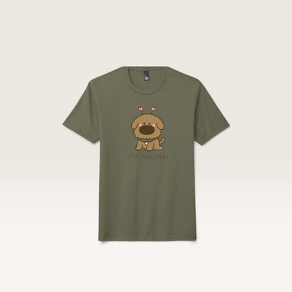 iTsChoCoBu unisex olive green tri-blend t-shirt featuring a cute brown puppy illustration with heart antennae