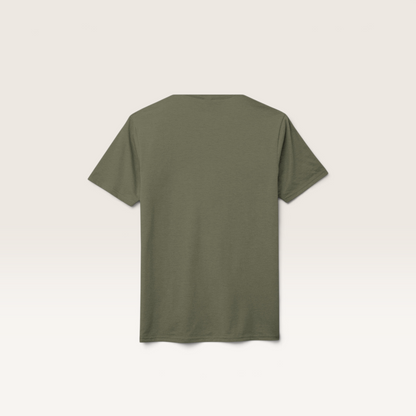 Back view of an olive green iTsChoCoBu unisex tri-blend t-shirt with a smooth, lightweight fabric finish.