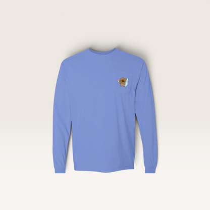 iTsChoCoBu periwinkle blue long-sleeve cotton t-shirt with a small graphic print on the left chest pocket