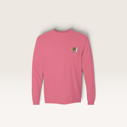 iTsChoCoBu pink long-sleeve cotton t-shirt with a graphic chest pocket featuring a cute surfing character