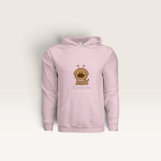 iTsChoCoBu light pink hooded sweatshirt featuring a cute brown puppy graphic with heart icons on the chest.