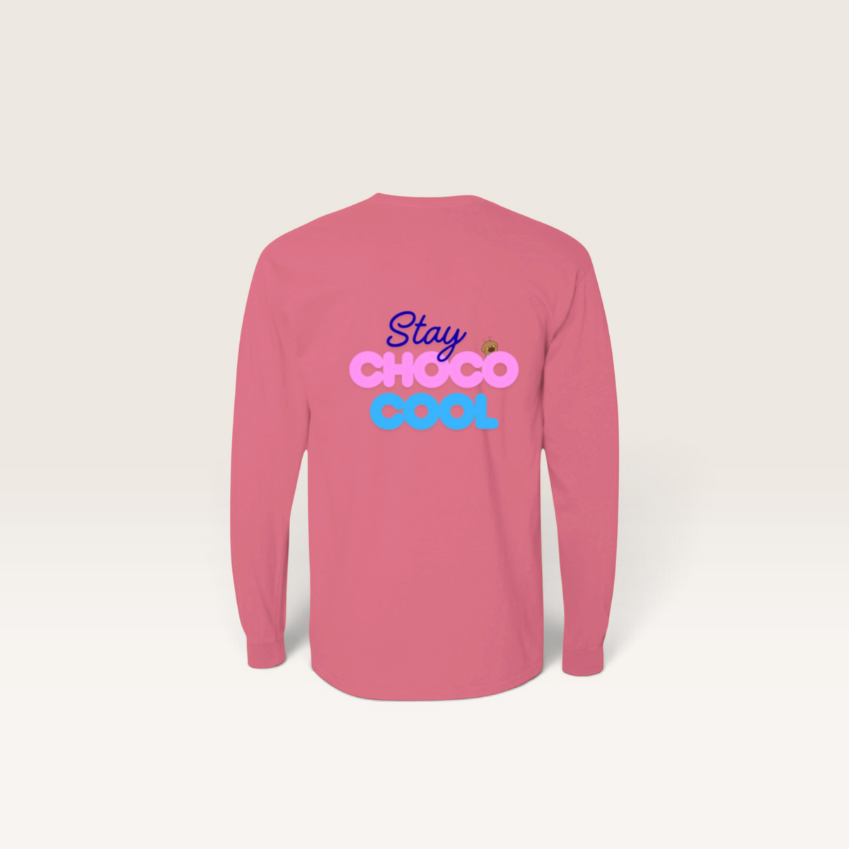Back view of iTsChoCoBu long sleeve cotton t-shirt in pink with Stay Choco Cool graphic print