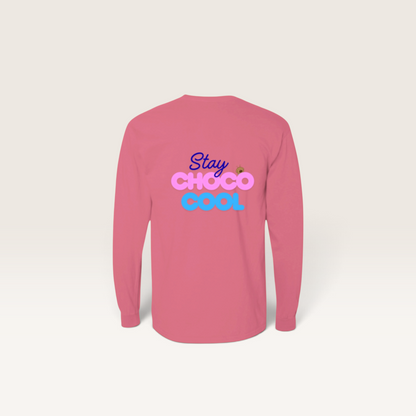 Back view of iTsChoCoBu long sleeve cotton t-shirt in pink with Stay Choco Cool graphic print