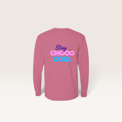 iTsChoCoBu pink long sleeve cotton t-shirt with Stay Choco Cool graphic on the back