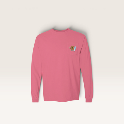 iTsChoCoBu pink long-sleeve cotton t-shirt with a small graphic chest pocket featuring a cute surfing character