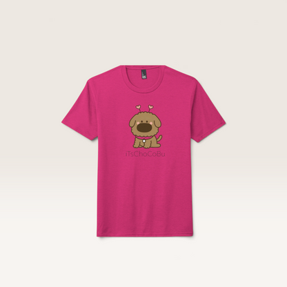 iTsChoCoBu unisex tri-blend t-shirt in fuchsia pink featuring a cute brown puppy illustration with heart antennae