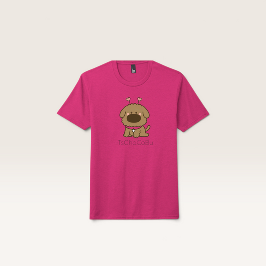 iTsChoCoBu unisex tri-blend t-shirt in fuchsia pink featuring a cute brown puppy illustration with heart antennae