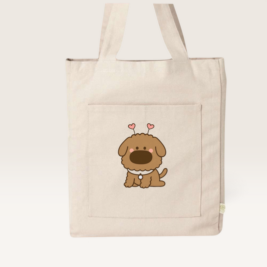 iTsChoCoBu recycled cotton tote bag in natural beige featuring a cute brown puppy illustration with heart antennae