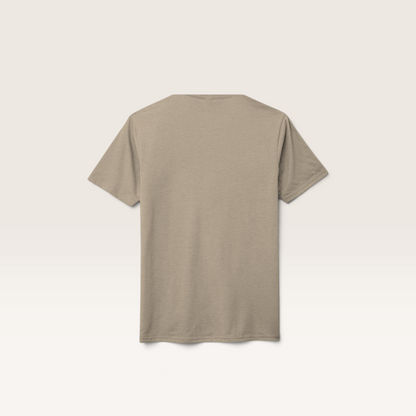 iTsChoCoBu unisex tri-blend t-shirt in taupe, back view showing soft rib-knit neck and comfortable fit.