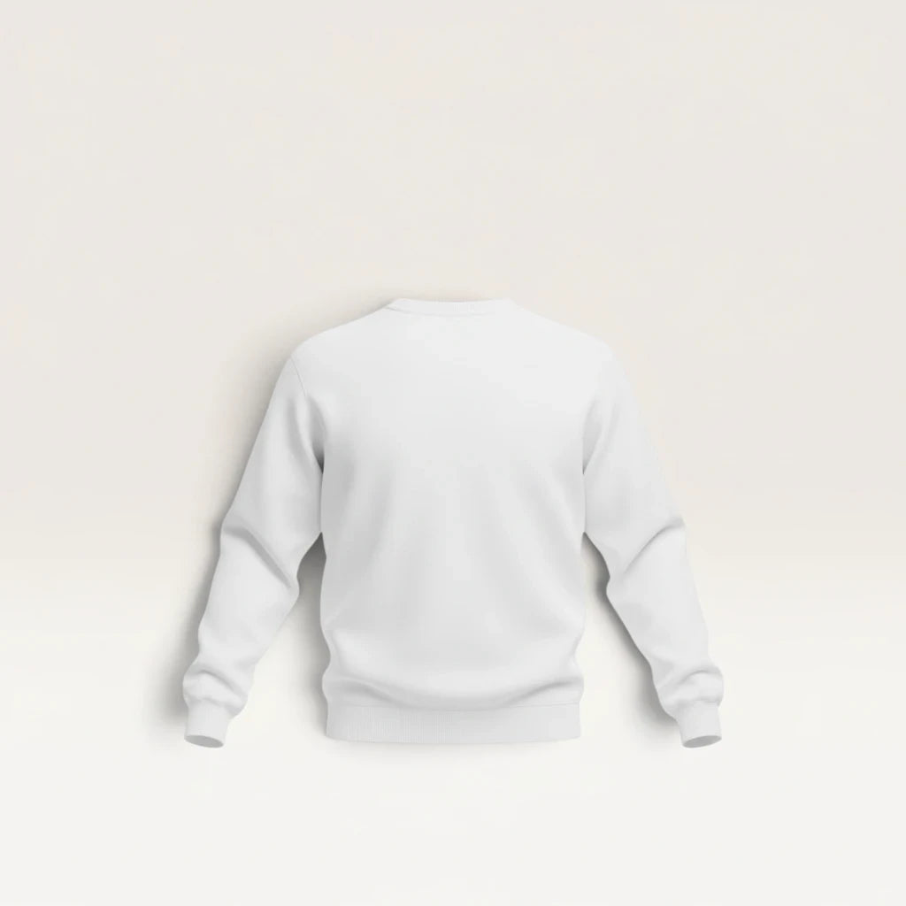 Back view of a plain white iTsChoCoBu crewneck pullover sweatshirt with ribbed cuffs and hem on a neutral background.