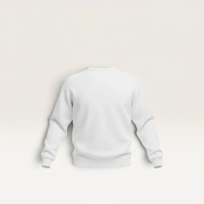 Back view of a plain white iTsChoCoBu crewneck pullover sweatshirt with ribbed cuffs and hem on a neutral background.