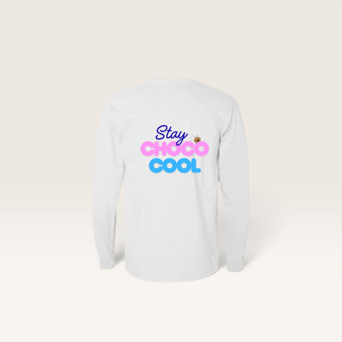 iTsChoCoBu white long sleeve cotton t-shirt with Stay Choco Cool graphic print on the back