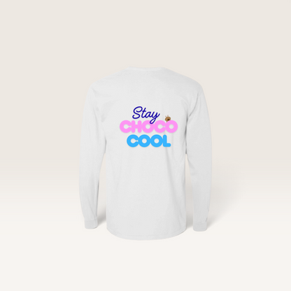 iTsChoCoBu white long sleeve cotton t-shirt with Stay Choco Cool graphic print on the back