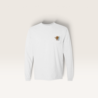 iTsChoCoBu white long-sleeve pocket t-shirt featuring a small graphic of a bear holding a surfboard on the chest.