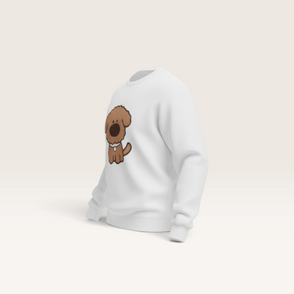 iTsChoCoBu white crewneck sweatshirt featuring a cute brown curly-haired puppy graphic print on the front