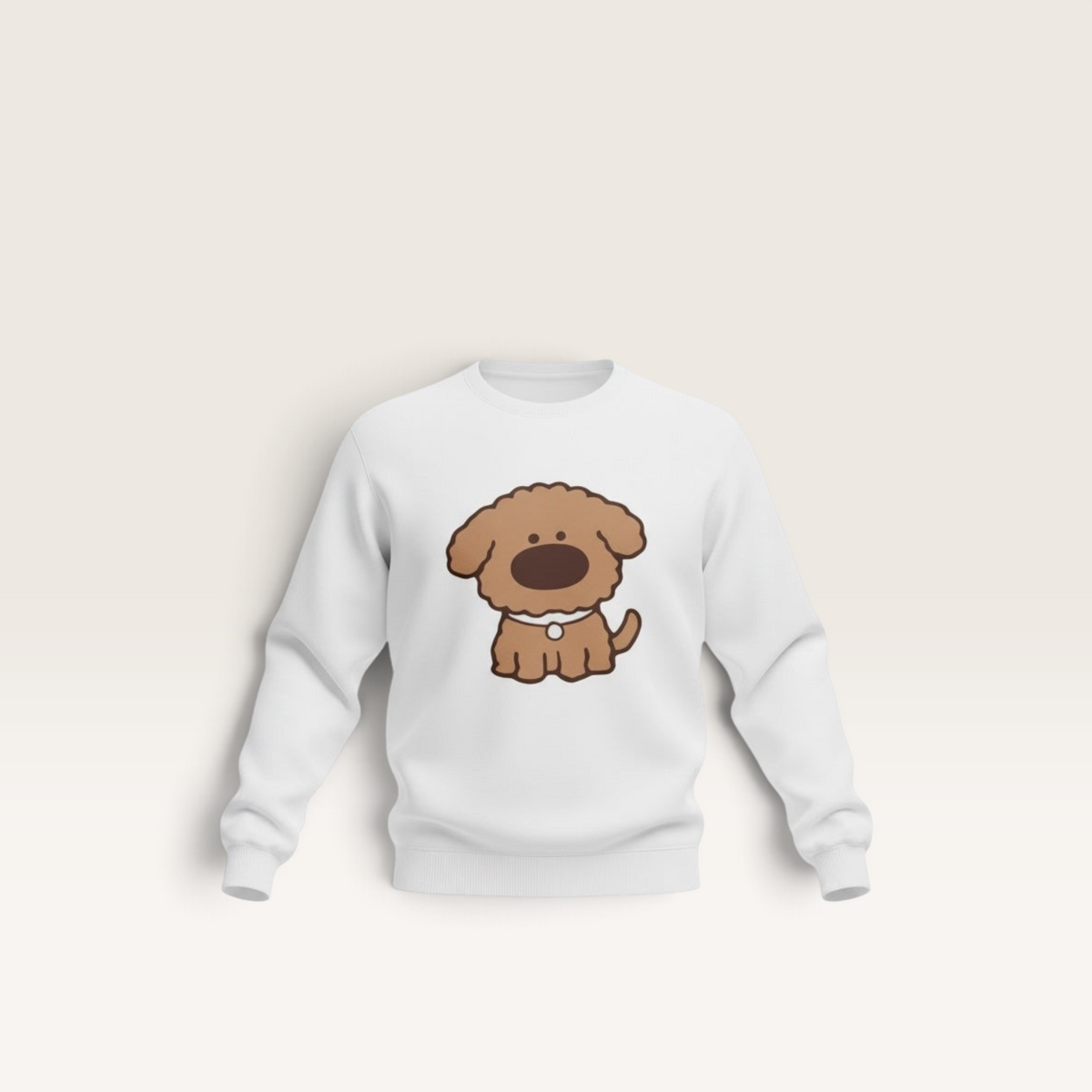 iTsChoCoBu white crewneck sweatshirt featuring a cute brown curly-haired puppy graphic print on the front